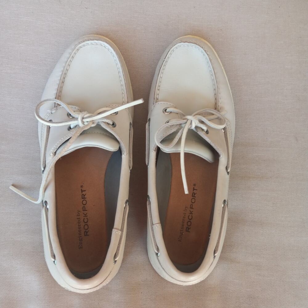 Men's Rockport Cream Colored Leather Boat Shoes Casual Laces Size 10M EUC